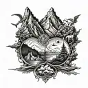 travel and mountains and God and devil and life and death and good time and friends  tattoo design idea