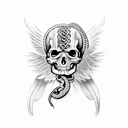 crow with open wings on a skull with a snake tattoo design idea
