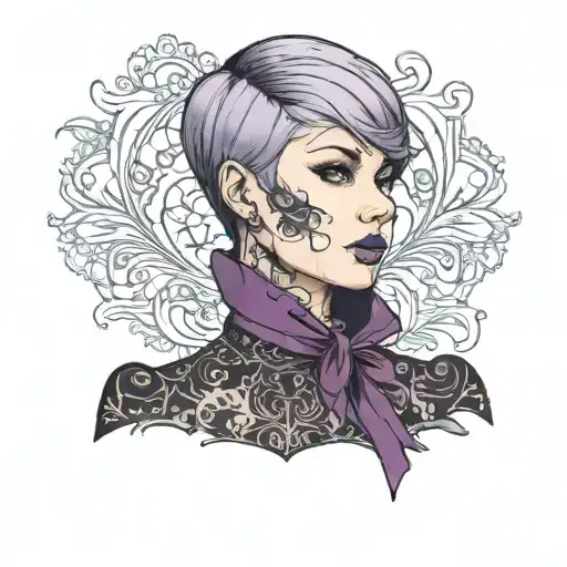 girl with short purple hair in suit with lace tattoo design idea