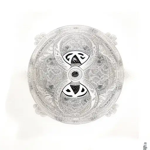 Yin and Yang symbol, with shapes surrounding it on the outside of the symbol that are symmetrical tattoo design idea