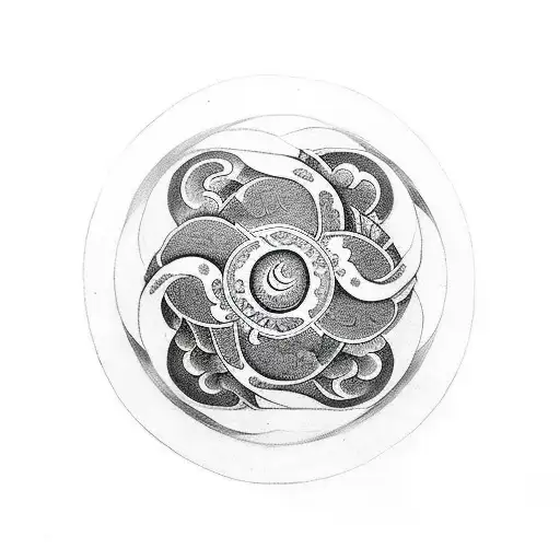 Yin and Yang symbol with symmetrical shapes surrounding it tattoo design idea