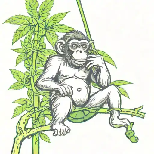 A monkey smoking a joint while swinging from a cannabis plant tattoo design idea