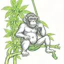 A monkey smoking a joint while swinging from a cannabis plant tattoo design idea
