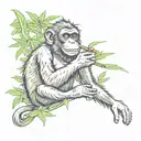 A monkey smoking a joint while swinging from a cannabis plant tattoo design idea
