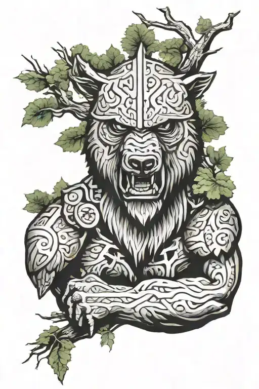 bear head berserker viking trees forest tattoo design idea