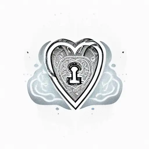 A heart-shaped lock with the word 'loyalty' engraved on it, surrounded by dollar signs and intricate patterns. tattoo design idea