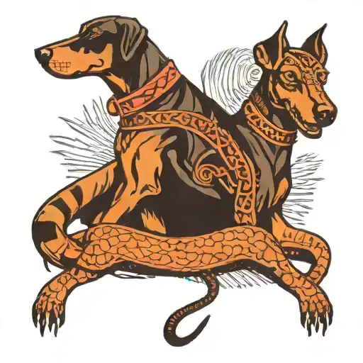 a Doberman with a king cobra wrapped around him like they're friends  tattoo design idea