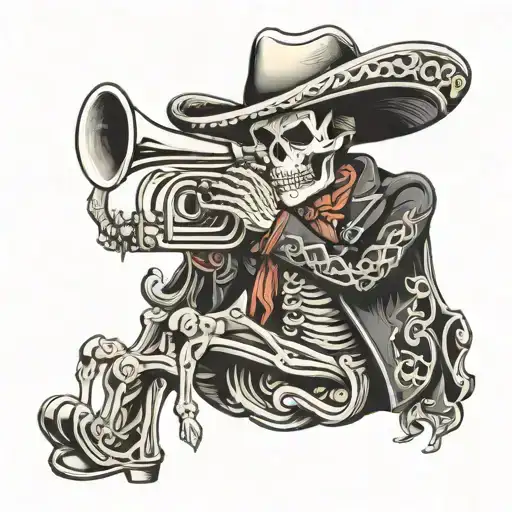 skeleton charro playing trumpet full body  tattoo design idea