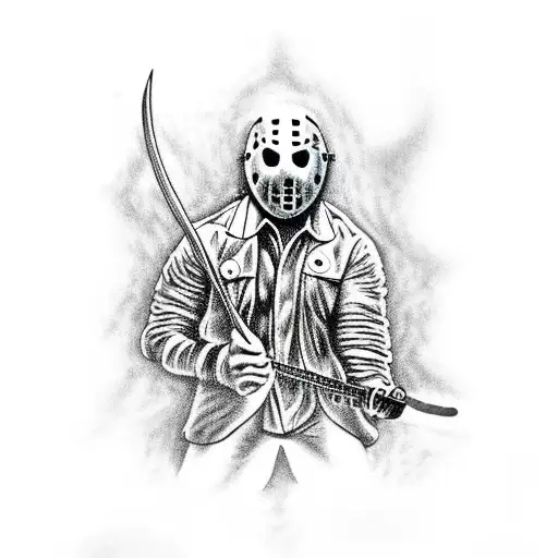 A menacing Jason Voorhees wielding a guitar in a heavy metal concert tattoo design idea