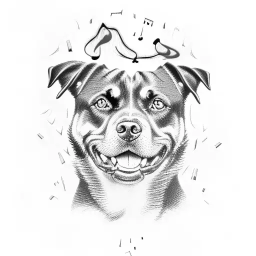 A Rottweiler with glowing red eyes surrounded by horror movie symbols and music notes tattoo design idea