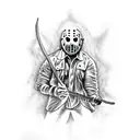 A menacing Jason Voorhees wielding a guitar in a heavy metal concert tattoo design idea