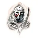 A menacing Jason Voorhees wielding a guitar in a heavy metal concert tattoo design idea