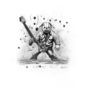 A menacing Jason Voorhees wielding a guitar in a heavy metal concert tattoo design idea
