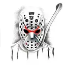 A menacing Jason Voorhees wielding a guitar in a heavy metal concert tattoo design idea