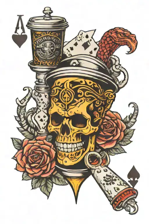 4 poker cards and a vicious viper with iced coffee takeaway tattoo design idea