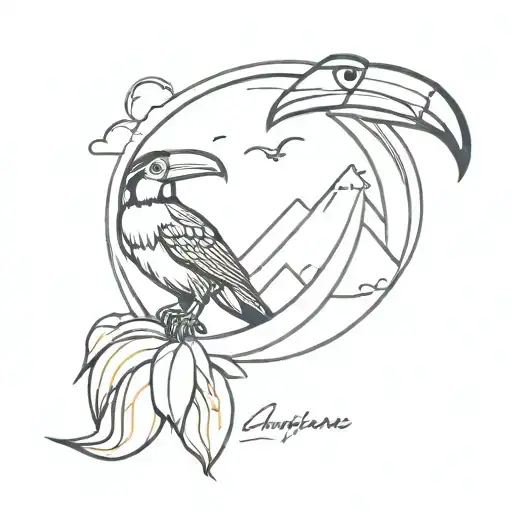 create clothing logo style tattoo, with wave mountain range and toucan bird imagery but slick looking with good flow tattoo design idea