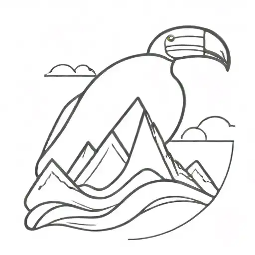 very simplistic like a clothing brand logo, which uses a toucan bird a mountain range and a wave use Patagonias style tattoo design idea