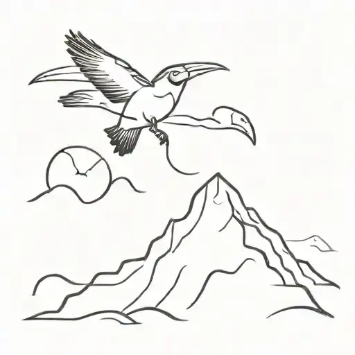 very simplistic almost like a clothing brand logo, which incorporates a toucan bird a mountain range and a wave tattoo design idea