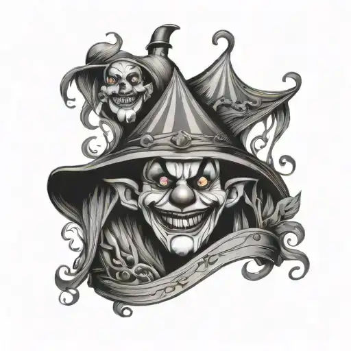 horror circus tent with vines and clown faces peeking and laughing tattoo design idea