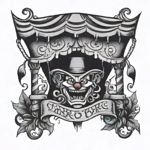 horror circus tent with vines and clown faces peeking and laughing cartoon  tattoo design idea