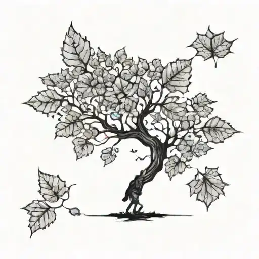 a person walking under a tree that has 6 leaves falling tattoo design idea