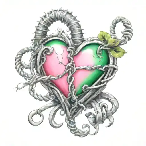 Pink heart with gray barbered wire wrapped round green shine tattoo design idea