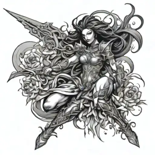 A powerful woman warrior surrounded by a swirling vortex of chaos and flowers tattoo design idea