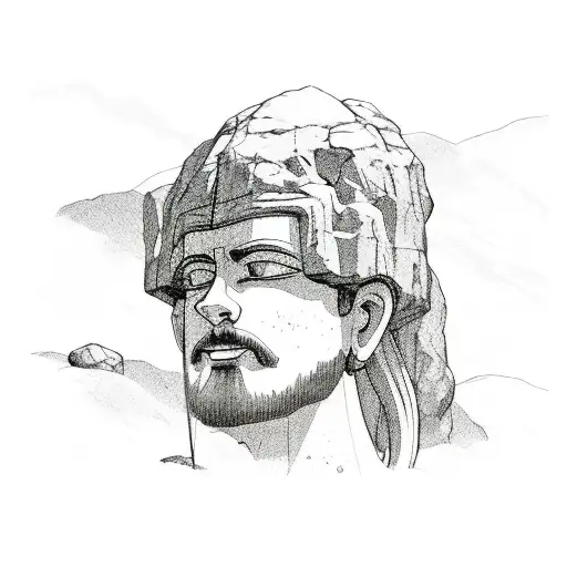 A stoic figure meditating on a rocky shore tattoo design idea