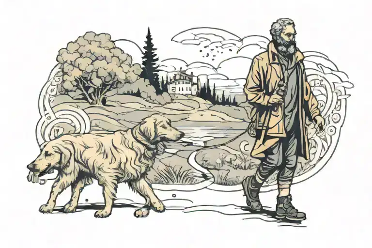 Stoic man walking with his golden retriever throuhg the path of life tattoo design idea