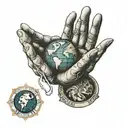 praying hands with world is yours globe behind hand and a 100 dollar bill logo on the bottom of praying hands tattoo design idea