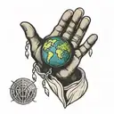 praying hands with world is yours globe behind hand and a 100 dollar bill logo on the bottom of praying hands tattoo design idea