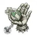 praying hands with world is yours globe behind hand and a 100 dollar bill logo on the bottom of praying hands tattoo design idea