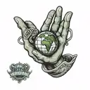 praying hands with world is yours globe behind hand and a 100 dollar bill logo on the bottom of praying hands tattoo design idea
