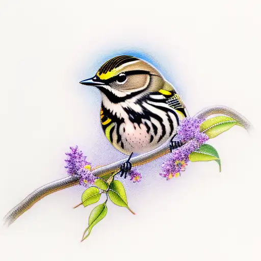 yellow rumped warbler holding lilac branch tattoo design idea