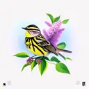 yellow rumped warbler facing backwards holding lilac branch tattoo design idea