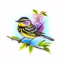 yellow rumped warbler facing backwards holding lilac branch tattoo design idea