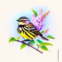yellow rumped warbler facing backwards holding lilac branch tattoo design idea