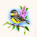 yellow rumped warbler facing backwards holding lilac branch tattoo design idea