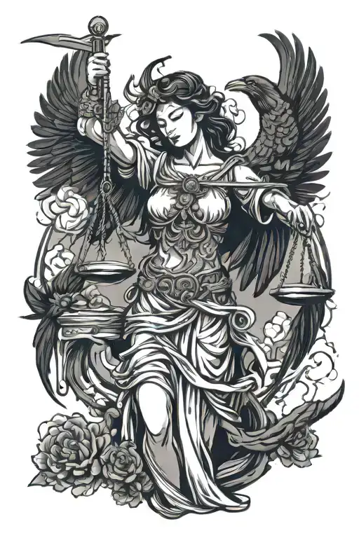 Lady Justice and a raven as symbol of death tattoo design idea