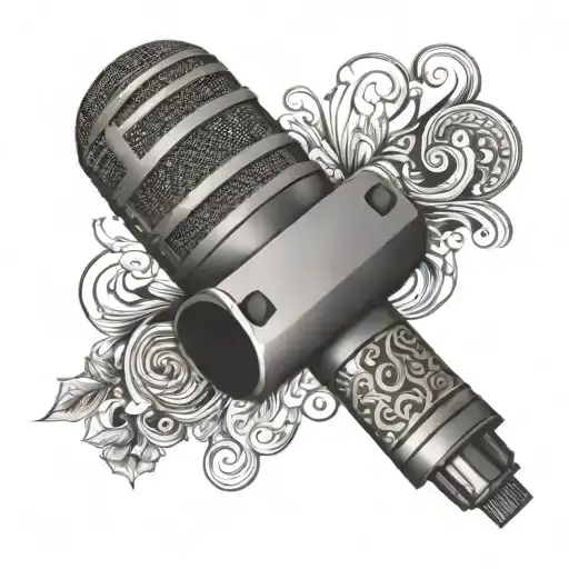 A tattoo design of a sleek and modern microphone with intricate patterns inspired by Kendrick Lamar's album covers, showcasing a dedication to music and artistry tattoo design idea