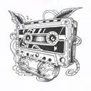 A tattoo design of a cassette tape with a mix of Kendrick Lamar's greatest hits, symbolizing a nostalgic love for music and appreciation for the artist tattoo design idea