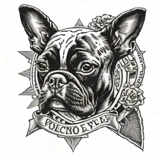 police style   badge with Boston terrier and the words Junkyard Dogg around it tattoo design idea