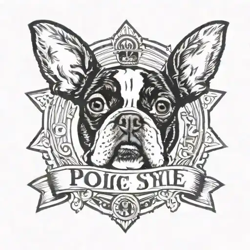 police style badge with words Junkyard Dogg around it and a boston terrier in the middle  tattoo design idea