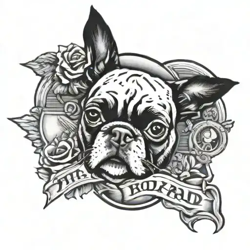 bounty hunter  badge with Boston terrier and the words Junkyard Dogg around it tattoo design idea