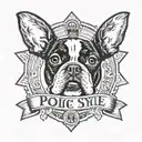 police style badge with words Junkyard Dogg around it and a boston terrier in the middle  tattoo design idea