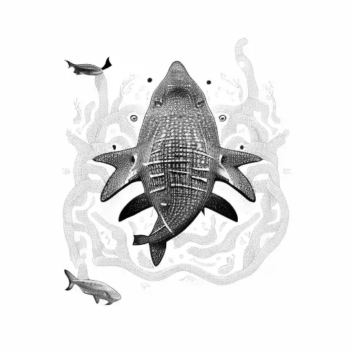 A whale shark with intricate circuitry patterns flowing through its body tattoo design idea