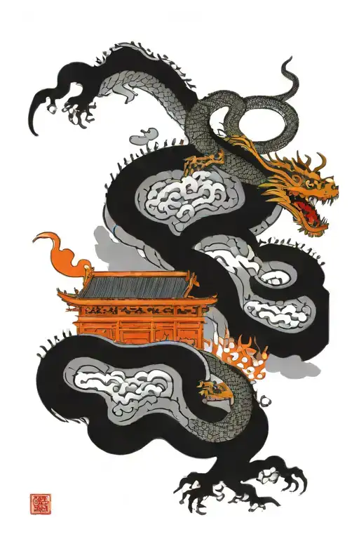 great wall of china with dragon coming from behind the walls tattoo design idea