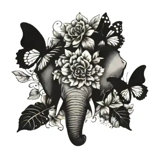 elephant face with butterflies and flowers growing tattoo design idea