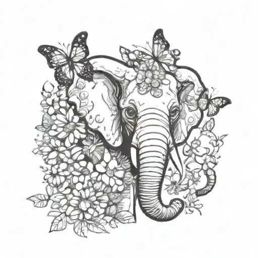 elephant face with butterflies and flowers growing tattoo design idea