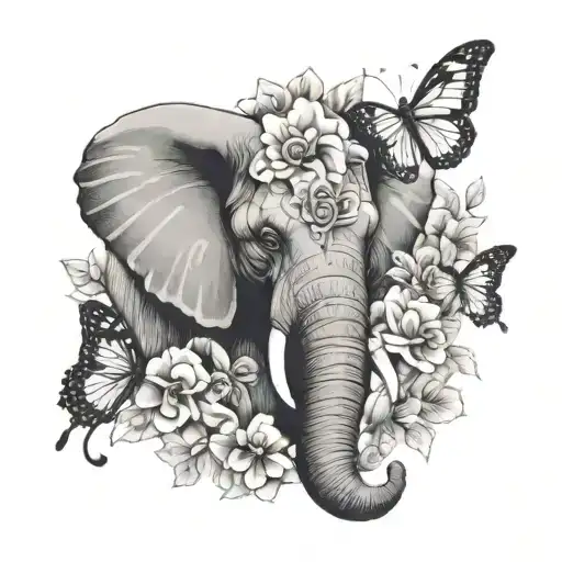 elephant head with flowers and butterflies tattoo design idea